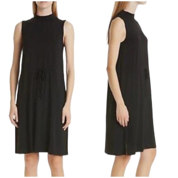 Eileen Fisher NWT Mock Neck Drawstring Tie Waist Dress Navy Size M Sleeveless - Picture 2 of 9